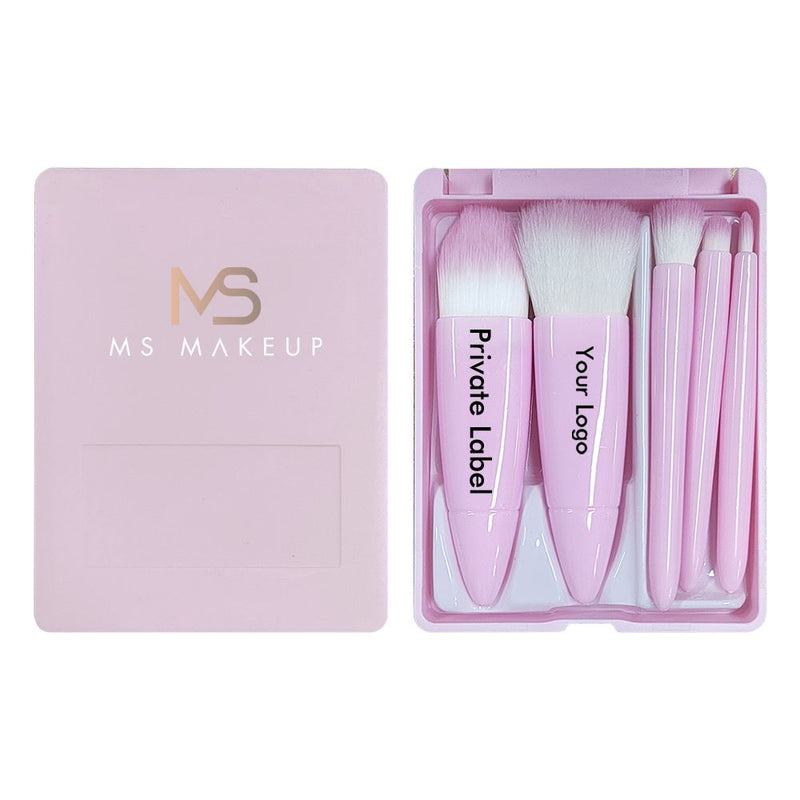 2 Farben Tragbarer Spiegel 5-teiliges Make-up-Pinsel-Set für Anfänger