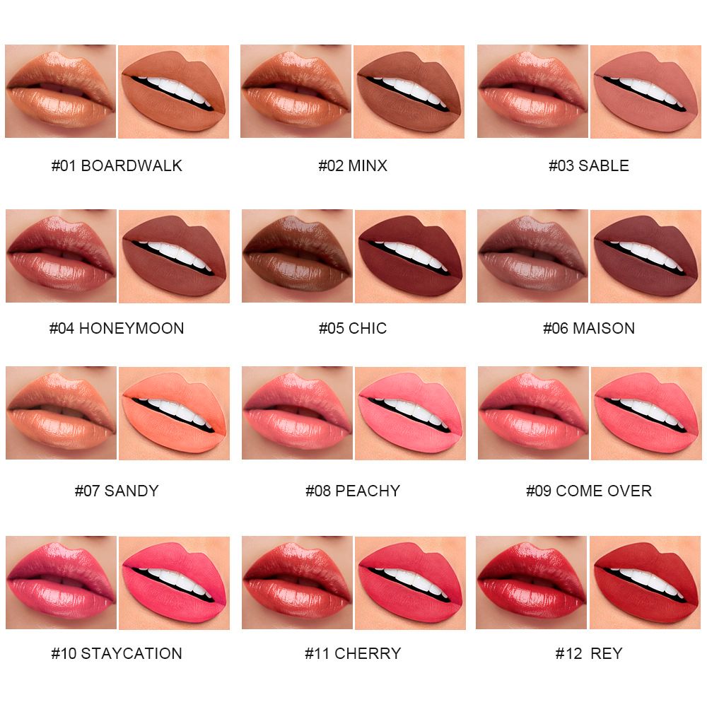 12 Colors 2 In 1 Moisturizing Mirror Lip Glaze Matte Non-stick Liquid Lipstick