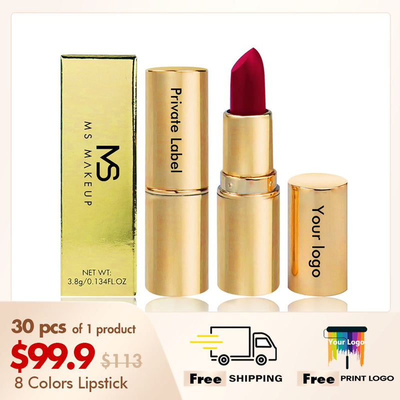 Lápiz labial de tubo redondo dorado mate de 8 colores【30PCS Envío gratis y logotipo de impresión gratis】
