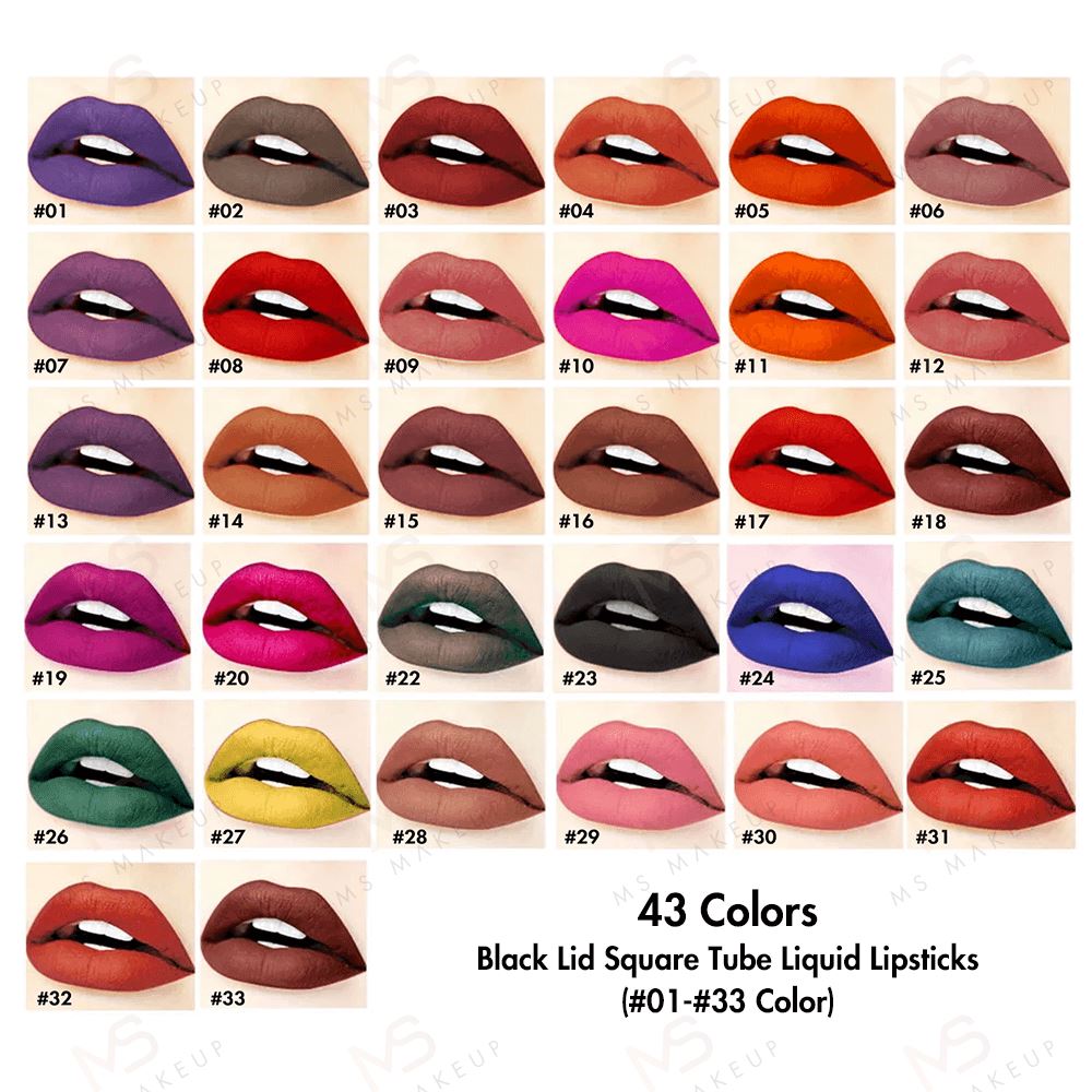 Barras de labios líquidas de tubo cuadrado con tapa negra de 43 colores (color # 01- # 33)