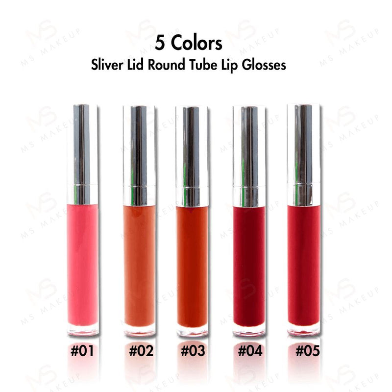 Brillos labiales de tubo redondo con tapa plateada de 5 colores