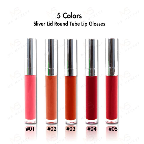 Brillos labiales de tubo redondo con tapa plateada de 5 colores