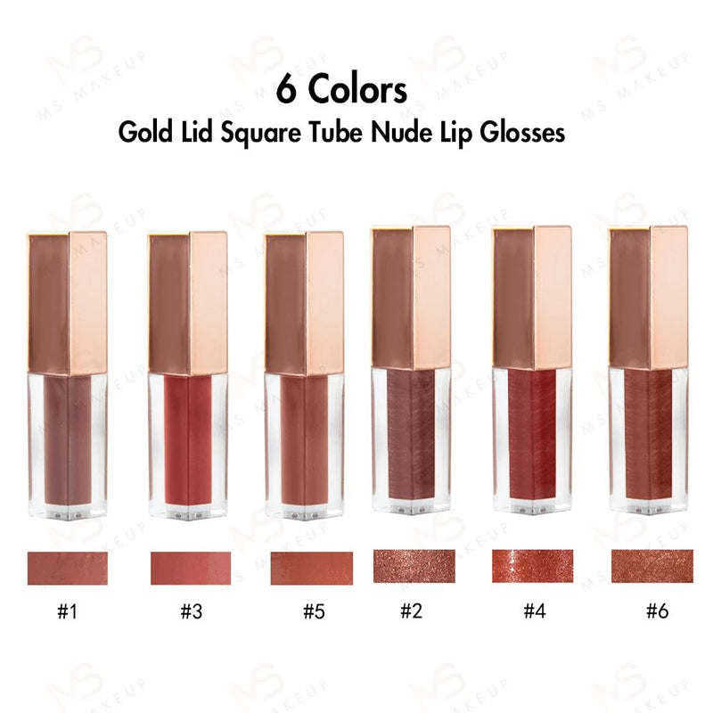 6 Colors Gold Lid Square Tube  Nude Lip Glosses
