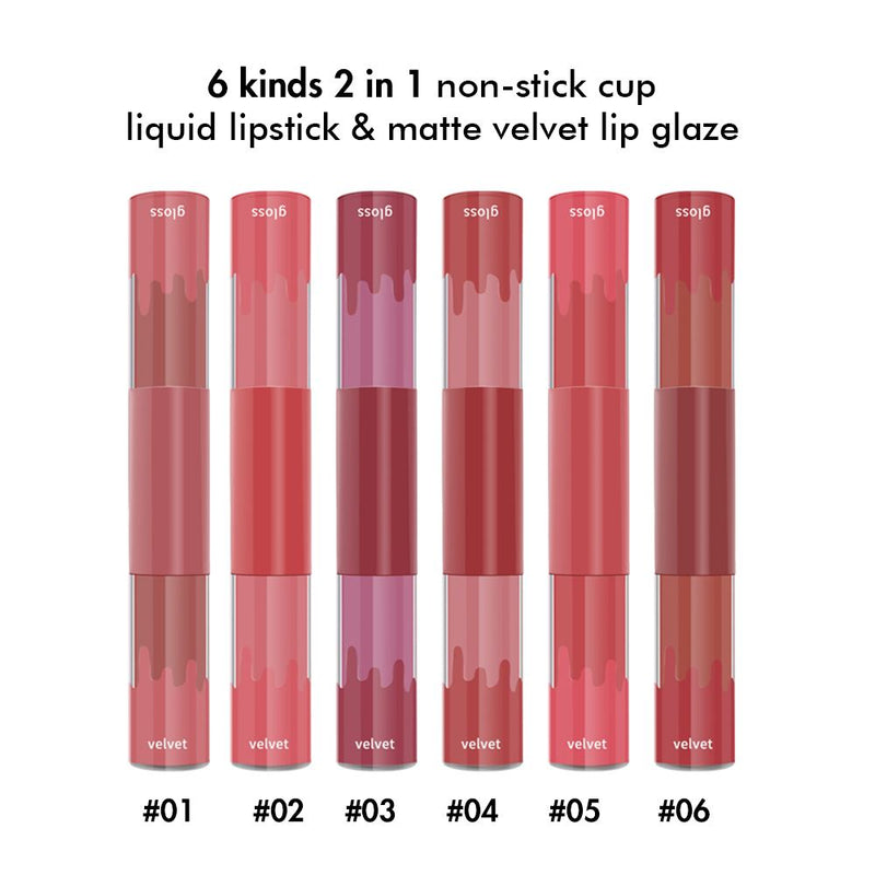 6 Colors Double-headed Non-stick Cup Liquid Lipstick & Matte Velvet Lip Glaze