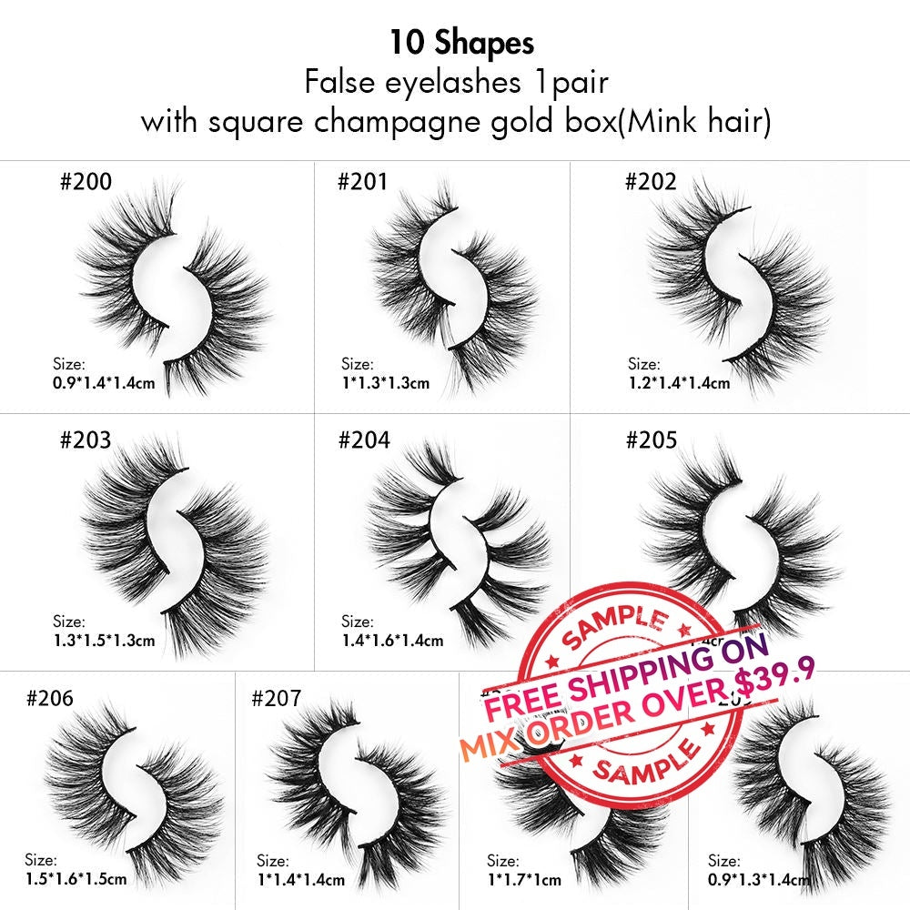 【SAMPLE】False Eyelashes 1 pair With Square Champagne Gold Box(Mink Hair)  -【Free Shipping On Mix Order Over $39.9】