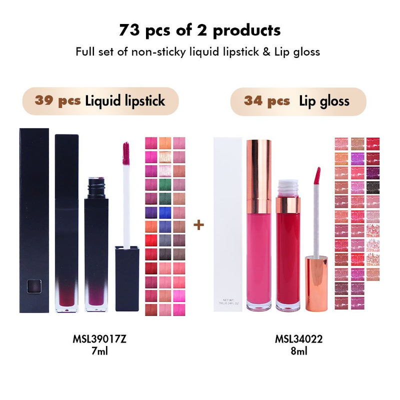 【Kostenloser Versand】Probenset mit 73 Stück Vollständiger Satz nicht klebriger flüssiger Lippenstift und Lipgloss