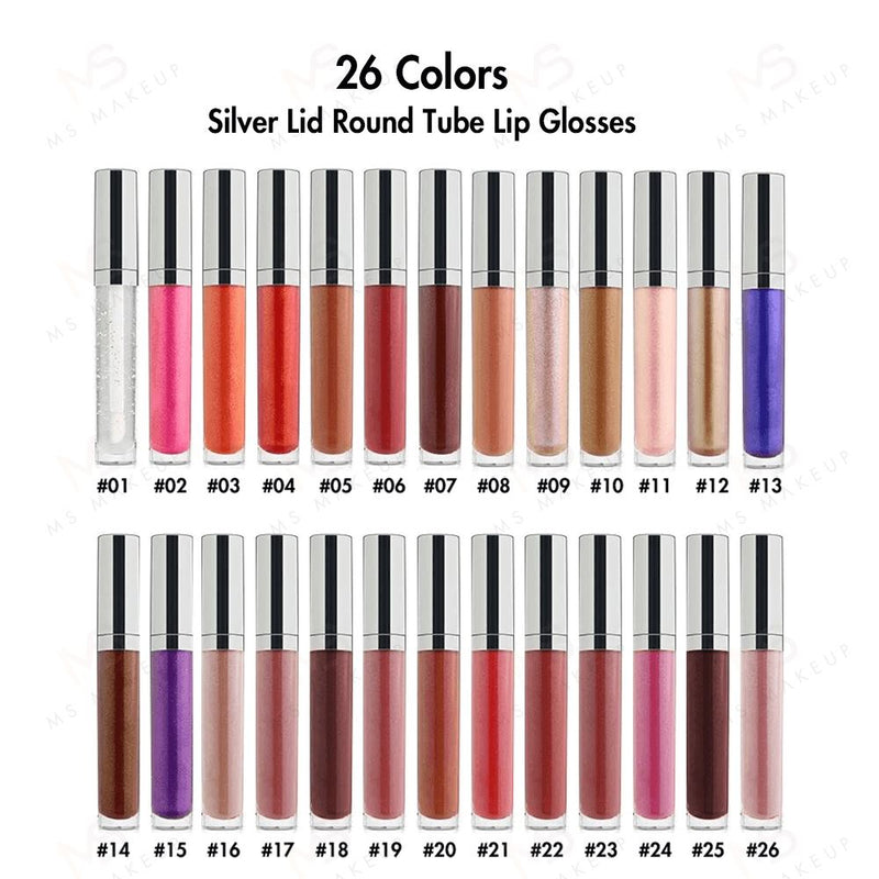 26 Colors Silver Lid Round Tube Lip Glosses - MSmakeupoem.com