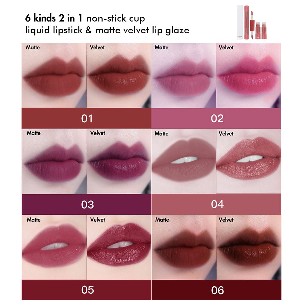 6 Colors Double-headed Non-stick Cup Liquid Lipstick & Matte Velvet Lip Glaze