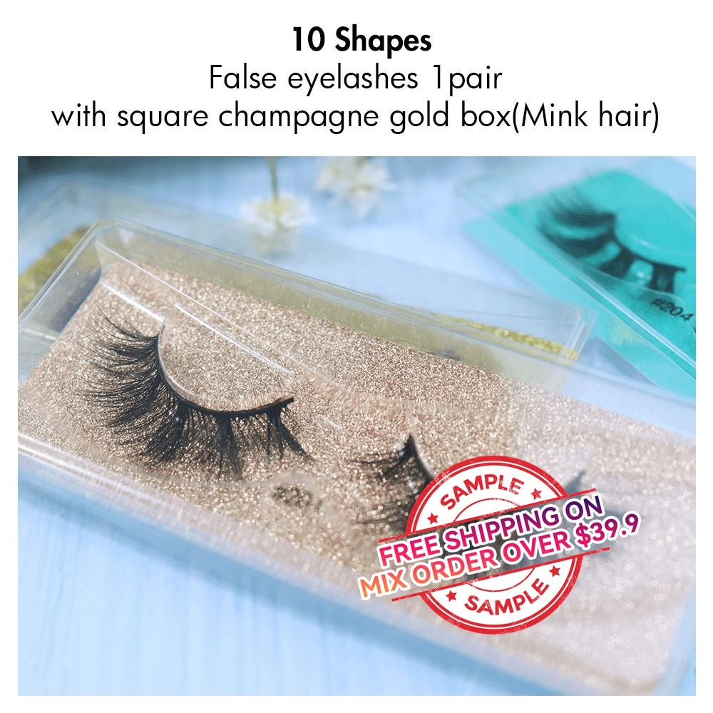 【SAMPLE】False Eyelashes 1 pair With Square Champagne Gold Box(Mink Hair)  -【Free Shipping On Mix Order Over $39.9】