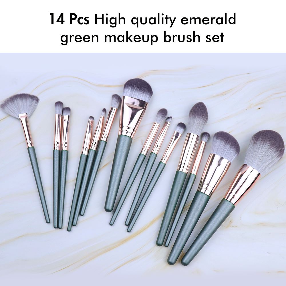 14pcs High Quality Emerald Green Makeup Brush Set (With Bag)