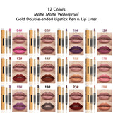 12 Colors Matte Matte Waterproof Gold Double-ended Lipstick Pen & Lip Liner
