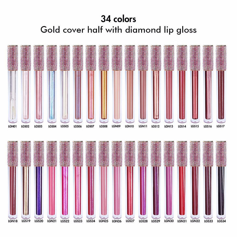 34 Colors Gold Cover Half with Diamond Lip Gloss(#1-#22)