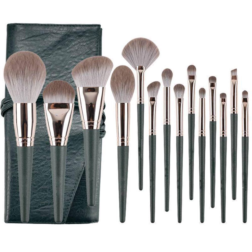14pcs High Quality Emerald Green Makeup Brush Set (With Bag)