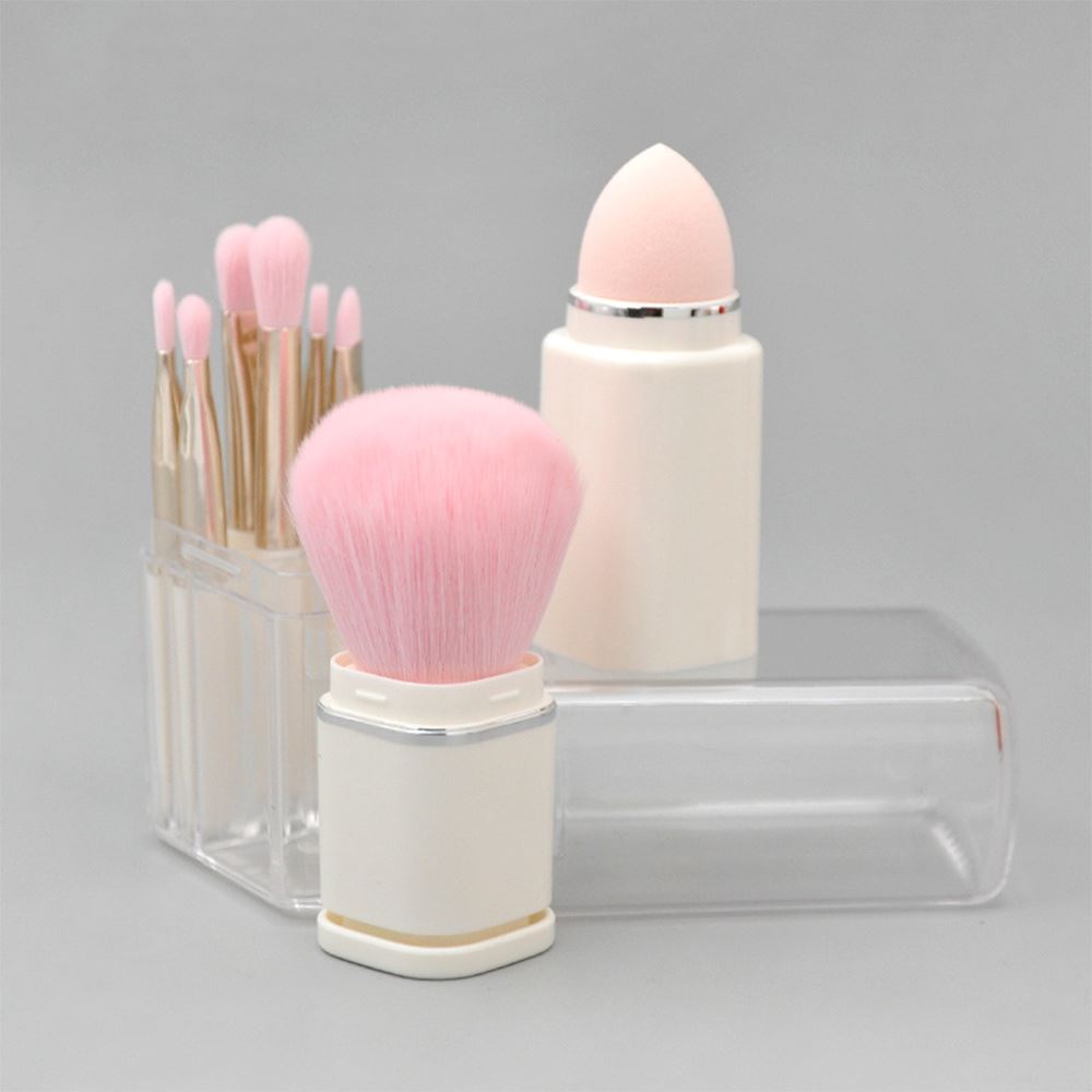 8 brochas de maquillaje en una caja transparente (incluye: brocha retráctil para polvos sueltos, esponja, huevo, ojos)