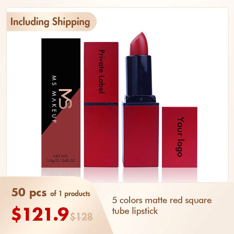Barra de labios de tubo cuadrado rojo mate de 5 colores (50 piezas envío gratis)