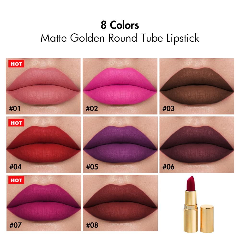 8 color matte golden round tube lipstick(50pcs free shipping)