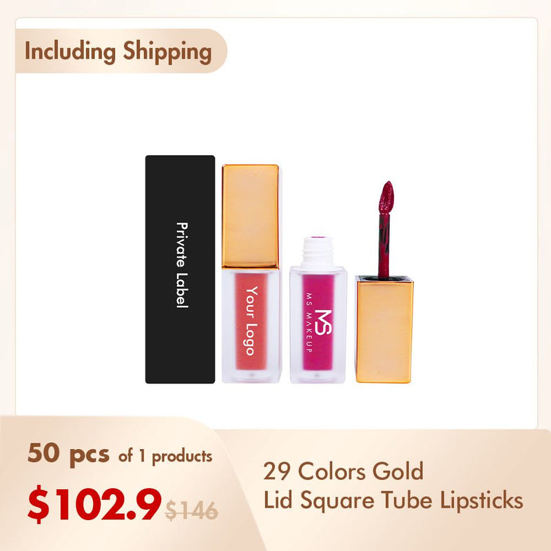 Lápices labiales de tubo cuadrado con tapa dorada de 29 colores (50 piezas envío gratis)