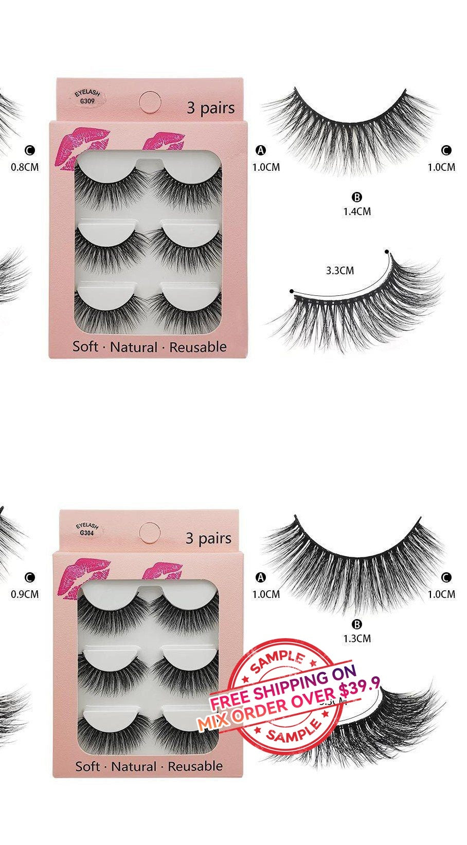 【SAMPLE】False eyelashes 3 pairs (imitation mink hair)  -【Free Shipping On Mix Order Over $39.9】