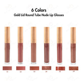 Brillo de labios desnudo de tubo redondo con tapa dorada de 6 colores