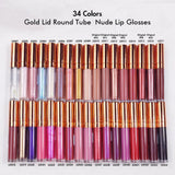 34 Colors Gold Lid Round Tube  Nude Lip Glosses - MSmakeupoem.com