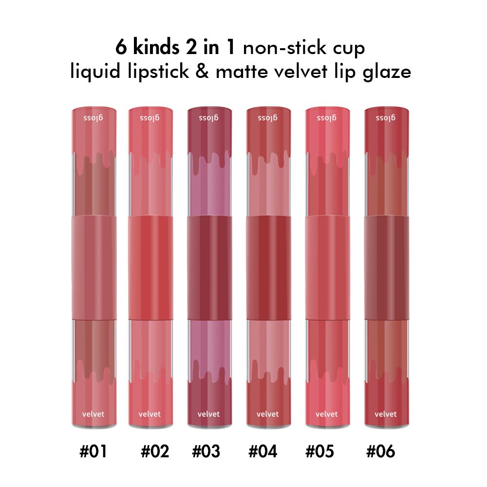 6 Colors Double-headed Non-stick Cup Liquid Lipstick & Matte Velvet Lip Glaze