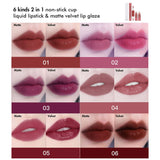 Flüssiger Lippenstift in 6 Farben mit doppelköpfigem Antihaftbecher und mattem Samt-Lippenglasur