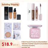 【Free Shipping】4 Best Facial Products (Foundation+Marble Palette+Liquid Concealers+Pressed Powder) Sample Set
