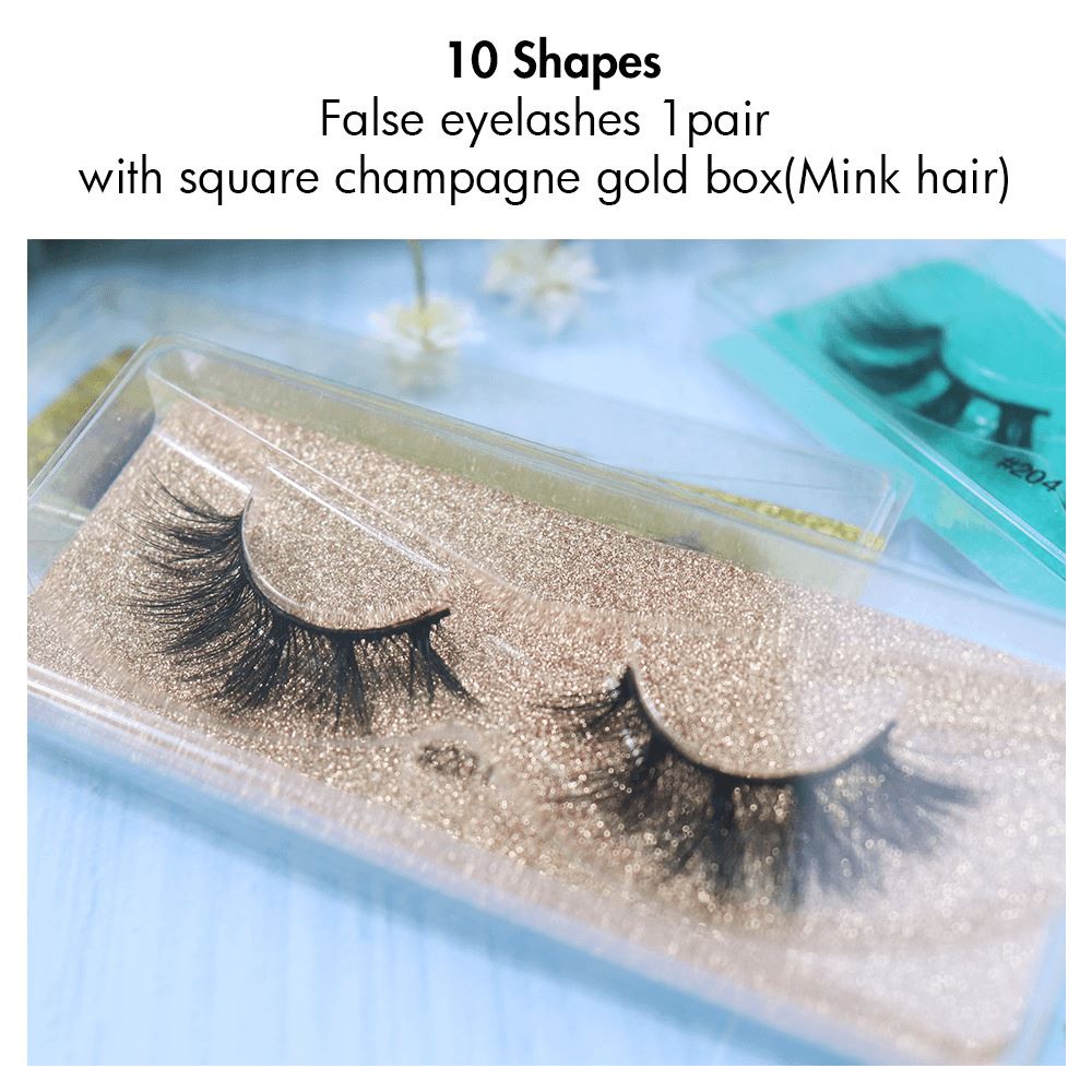 False Eyelashes 1 pair With Square Champagne Gold Box(Mink Hair)