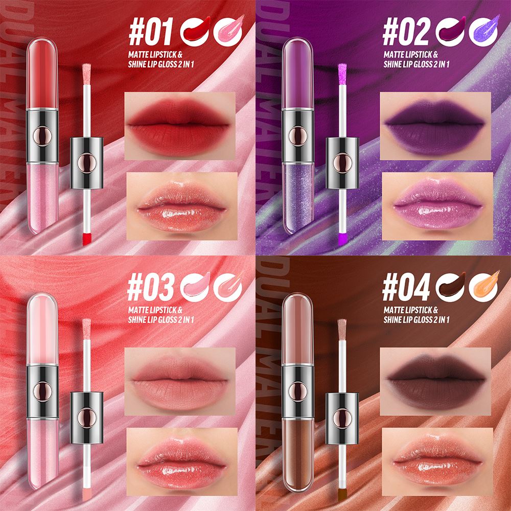 4 Colors 2 in 1 Dual Ended Liquid Matte Lip Gloss Lip Oil