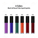 Flüssige Lippenstifte in 6 Farben mit schwarzem Deckel und runder Tube