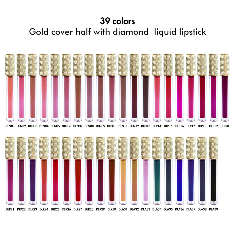 39 colors No-stick matte Gold cover half with diamond liquid lipstick(#31-#39)