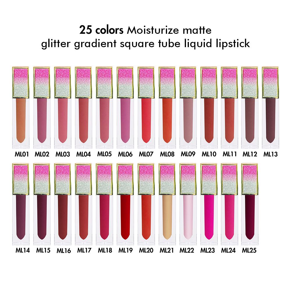 25 colors Moisturize matte glitter gradient square tube liquid lipstick